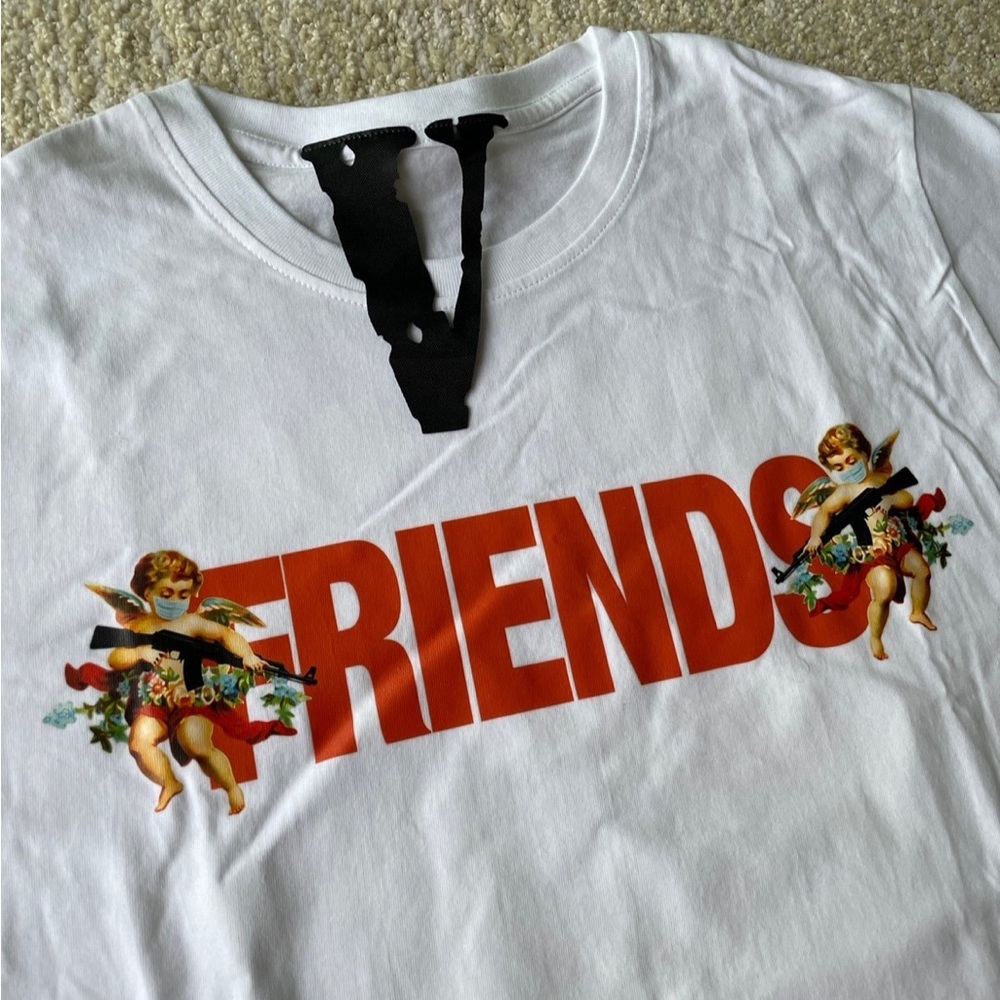 NWOT Rare Vlone Mens S Friends Cupid Gun Angel AK White Short Sleeve T Shirt